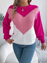 Thumbnail for Contrast Round Neck Long Sleeve Sweater - T - 3 COLORS -