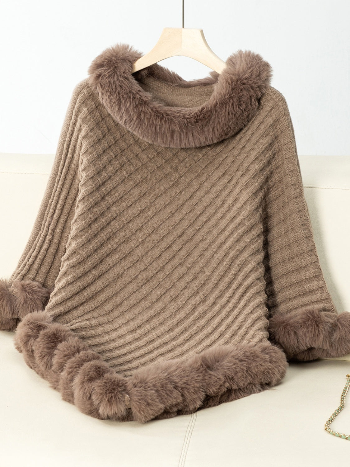 Fuzzy Trim Texture Three-Quarter Sleeve Poncho - 1 SIZE - T - 6 COLORS -