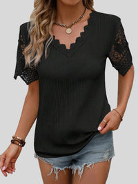 Thumbnail for Lace Detail V-Neck Short Sleeve Blouse - T - 4 COLORS -