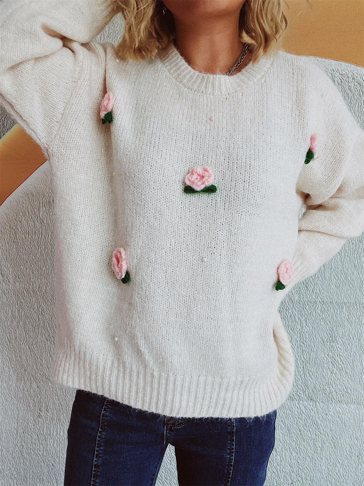 Flower Round Neck Long Sleeve Sweater - 1 OVERSIZE - T - 2 COLORS -