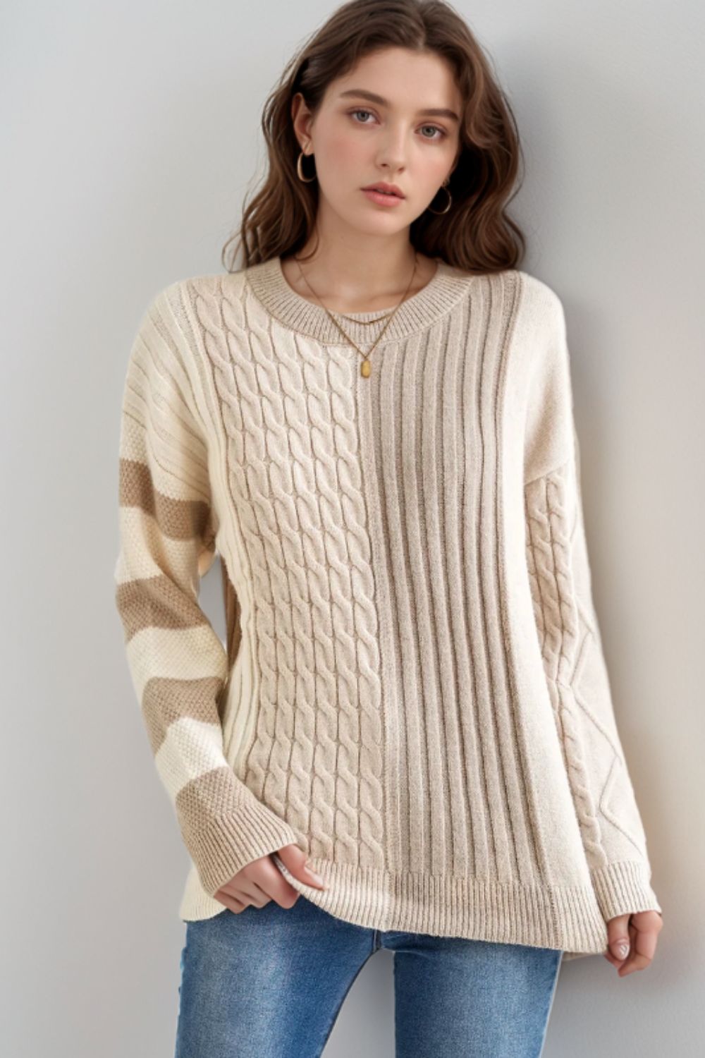 Cable-Knit Color Block Round Neck Sweater - T - 1 COLOR -