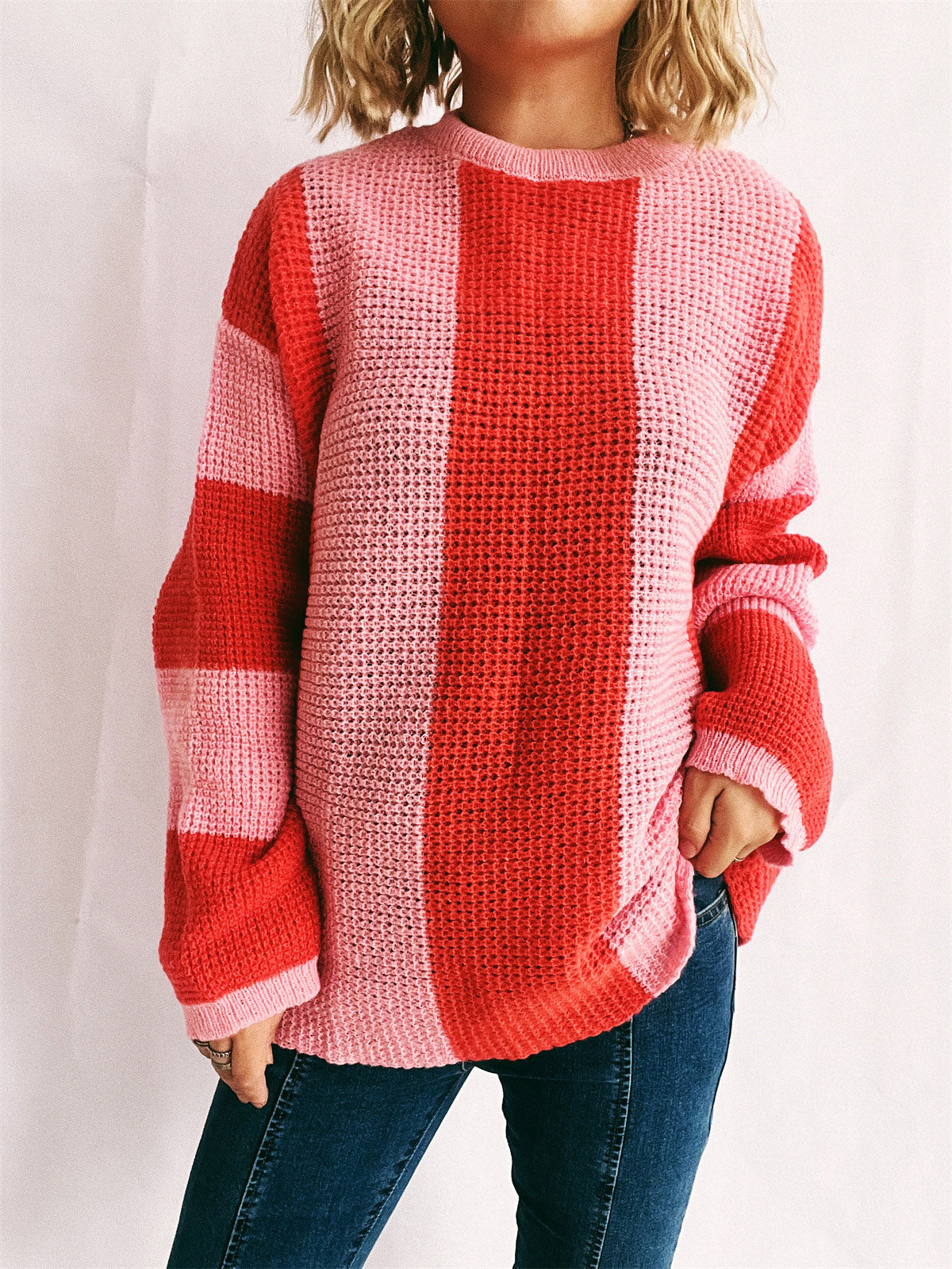 Color Block Round Neck Long Sleeve Sweater - T - 2 COLORS -