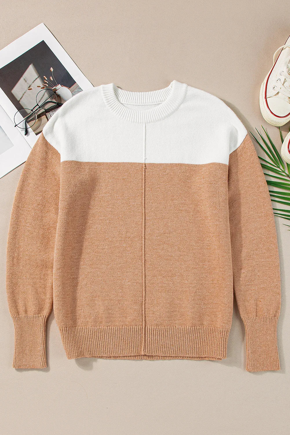 Color Block Round Neck Long Sleeve Sweater - T - 1 COLOR -