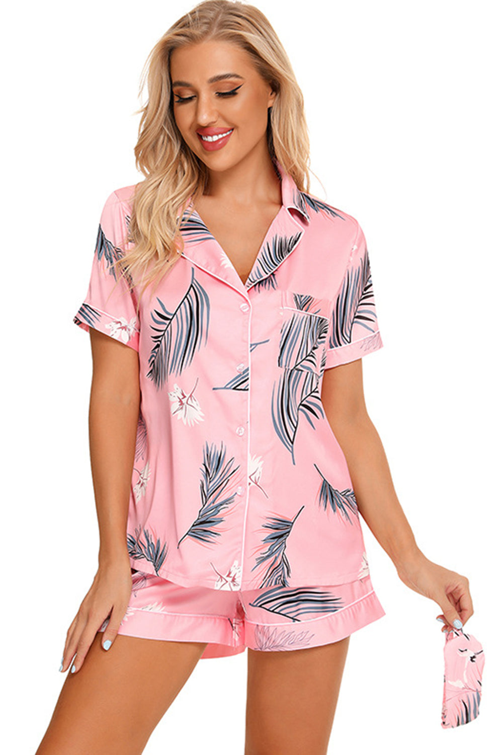 Printed Button Up Short Sleeve Top and Shorts Lounge Set - 2 PCS. - T - 10 COLORS -