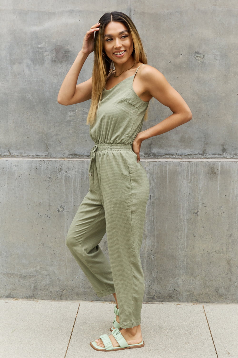 ODDI Full Size Textured Woven Jumpsuit in Sage - SIZES S THRU 3XL - 2 PCS. - T - 1 COLOR -