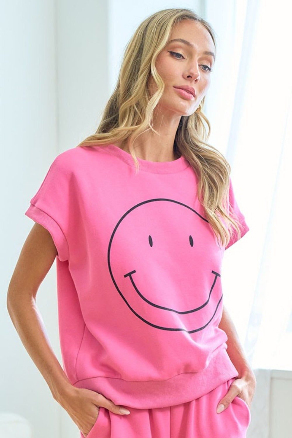 First Love Smile Face Drop Shoulder Brushed Inside T-Shirt - T - 1 COLOR -