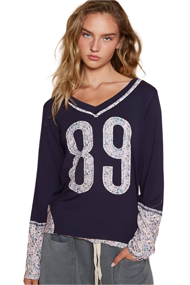 POL V-Neck Long Sleeve Floral Number Patch T-Shirt - T - 1 COLOR -