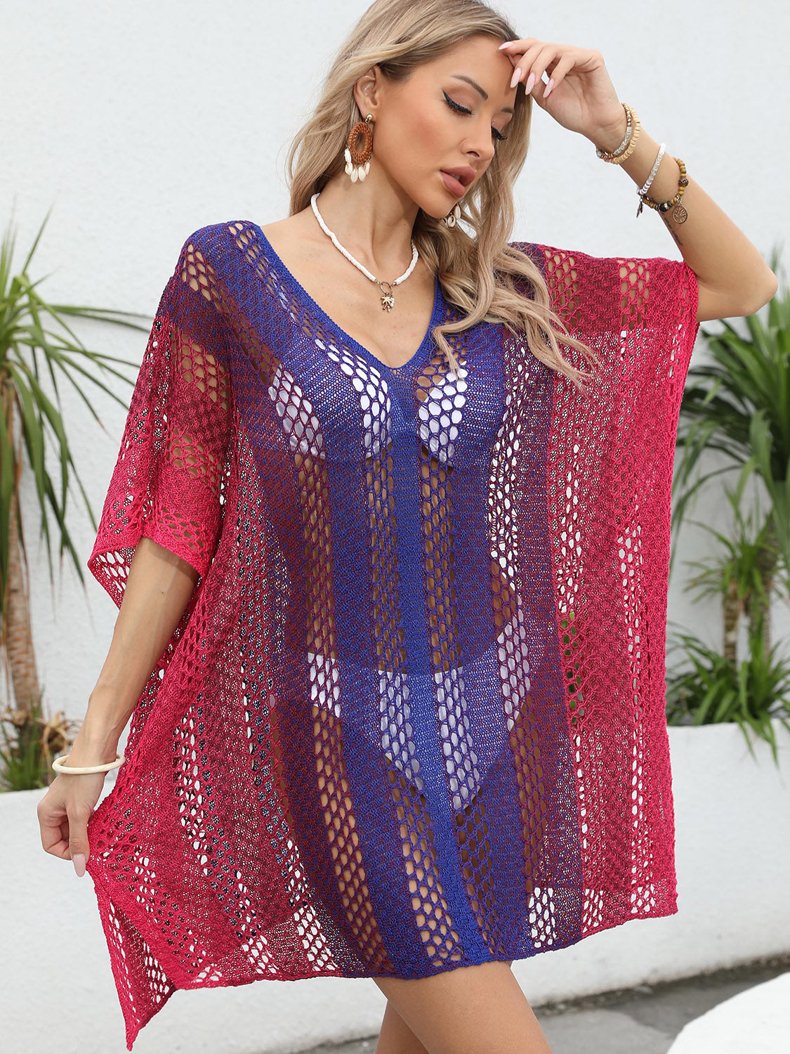 Openwork Contrast V-Neck Cover-Up - T - 3 COLORS -