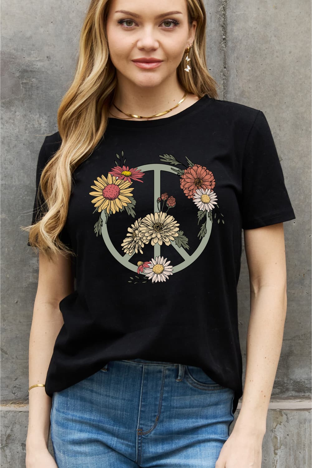 Simply Love Full Size Flower Peace sign Graphic Cotton Tee - T - 2 COLORS -