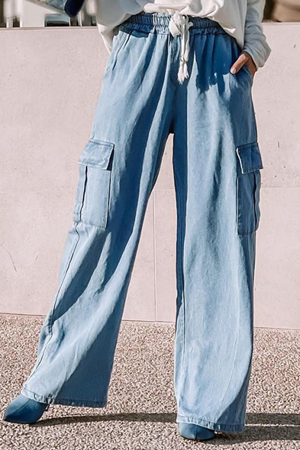 Drawstring Wide Leg Jeans with Pockets - T - 1 COLOR -