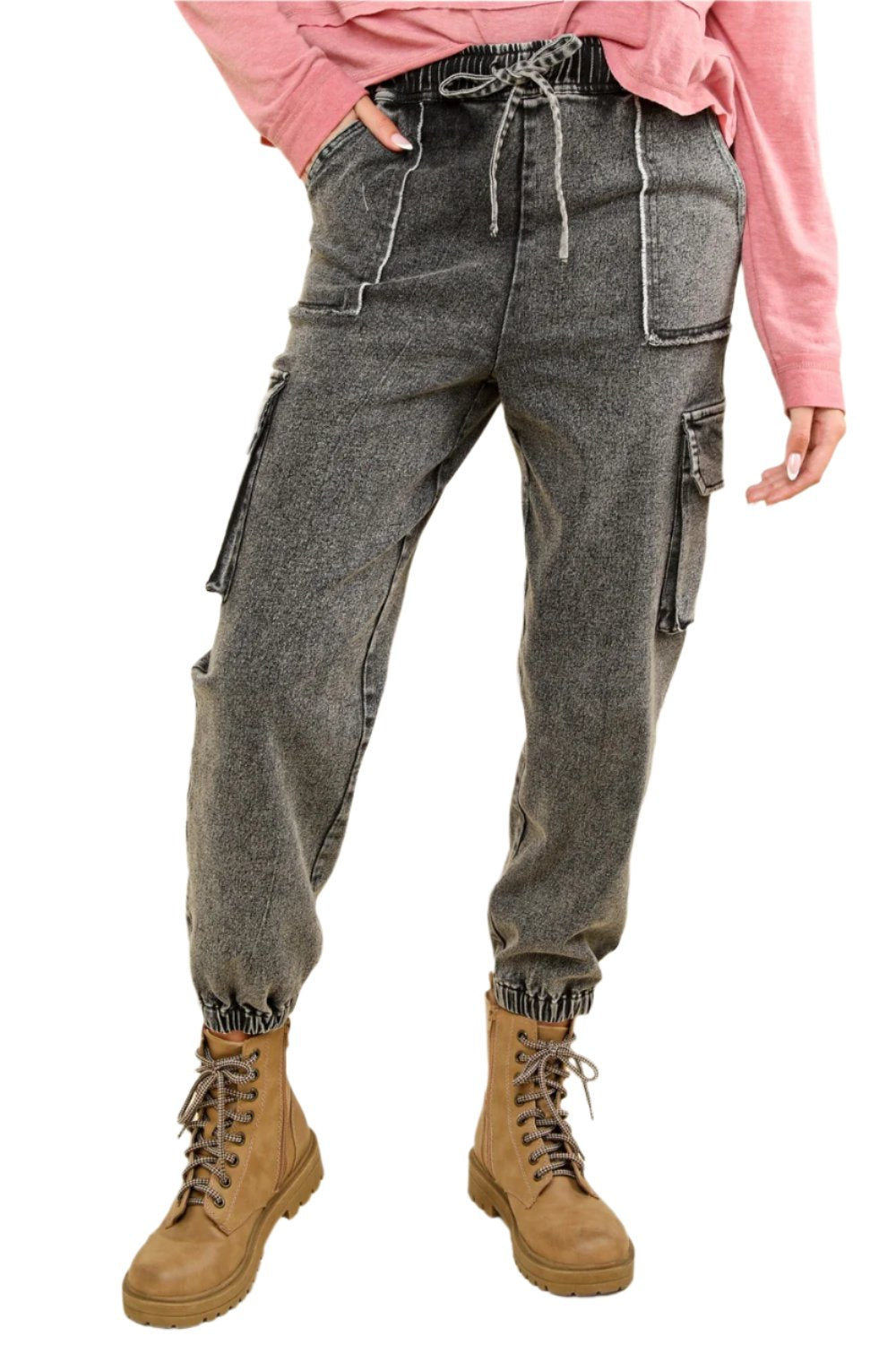 VERY J Washed Drawstring Jogger Cargo Jeans - T - 1 COLOR -