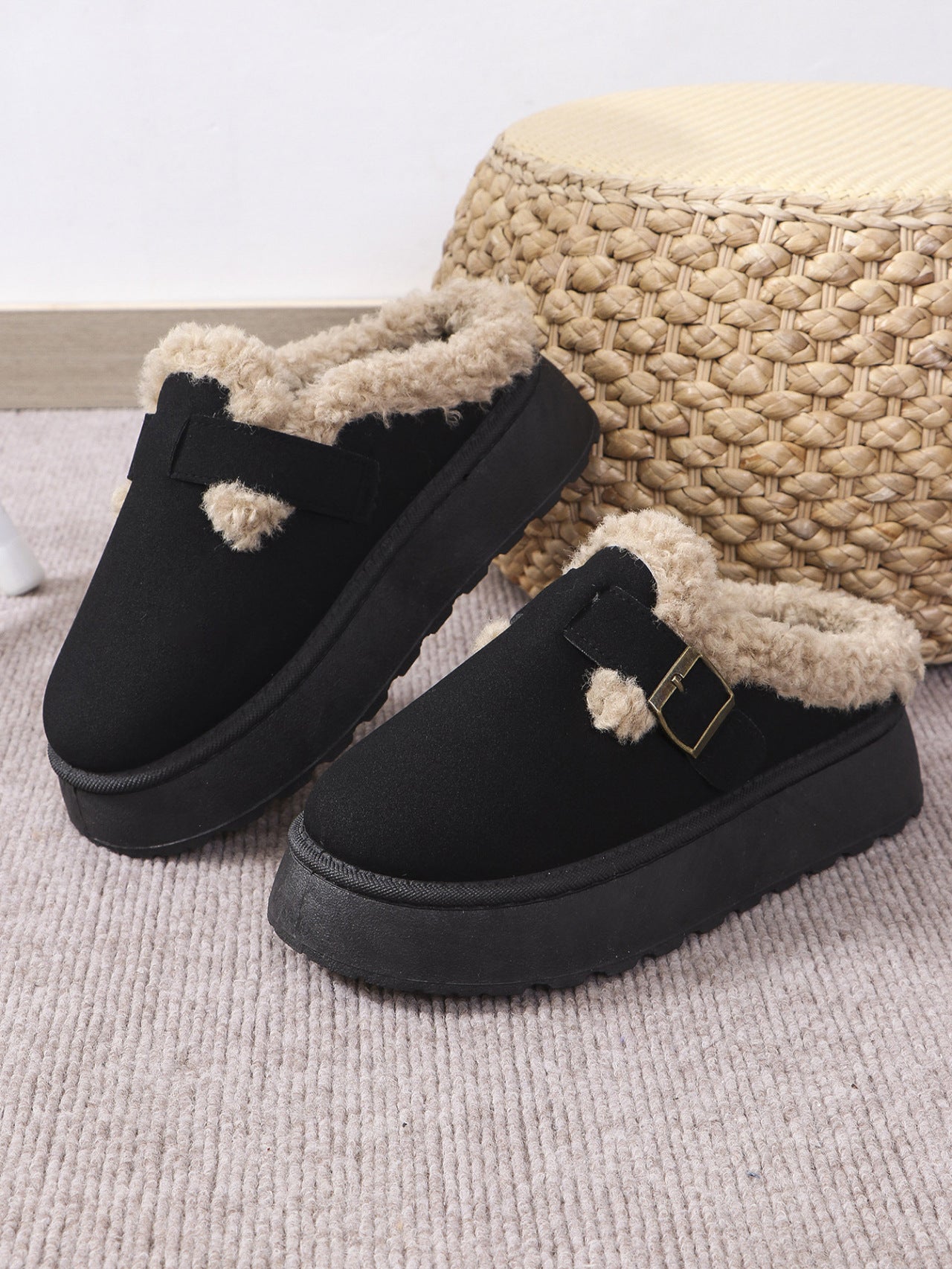 Thermal Fuzzy Buckle Platform Slippers - T - 3 COLORS -