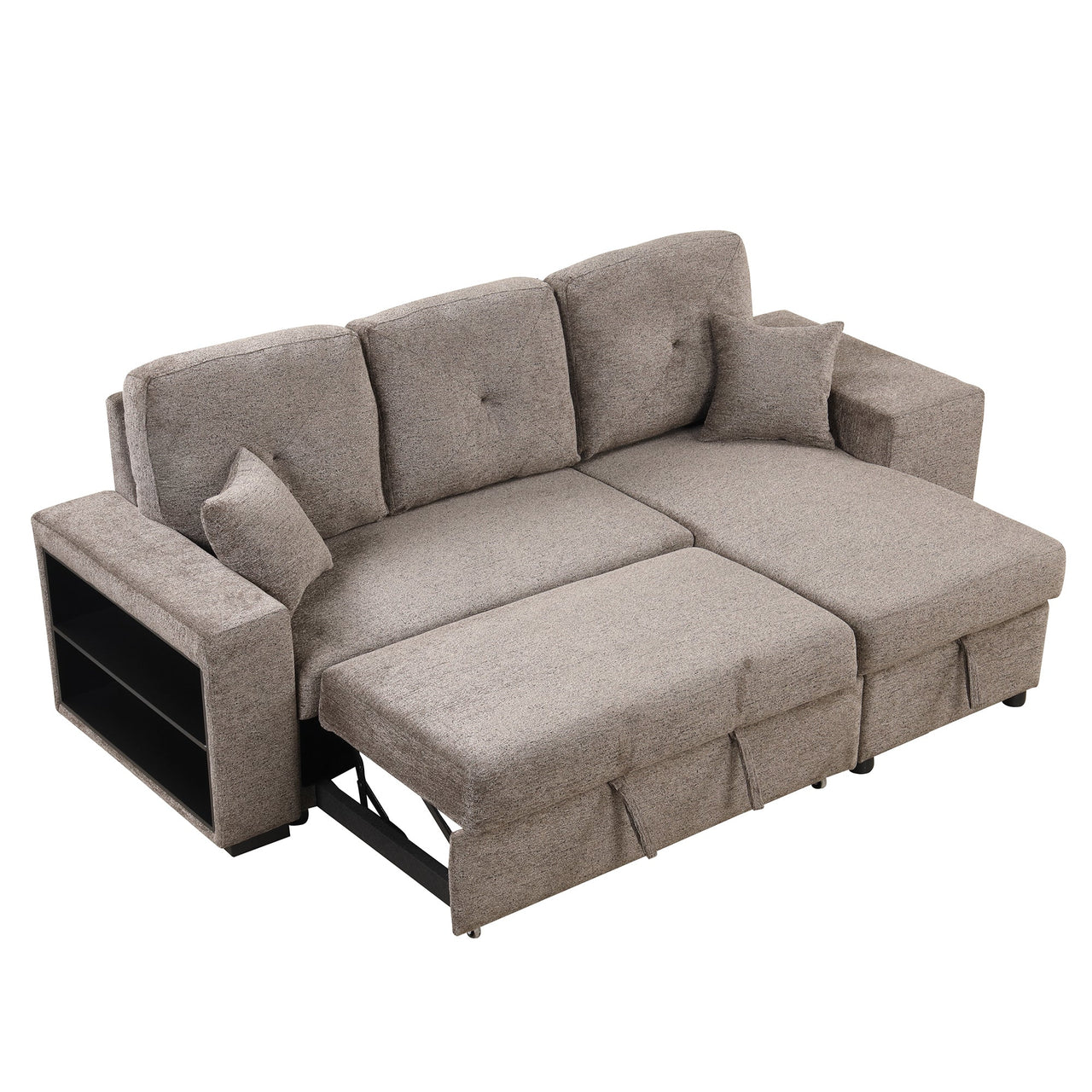 Reversible Sleeper Sectional Sofa Bed With Side Shelf and 2 Stools,Pull-Out L-Shaped Sofa Bed,Corner Sofa-Bed With Stora