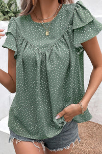 Thumbnail for Ruffled Printed Round Neck Cap Sleeve Blouse - T - 1 COLOR -