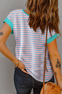 Thumbnail for Striped Notched Short Sleeve T-Shirt - T - 1 COLOR -