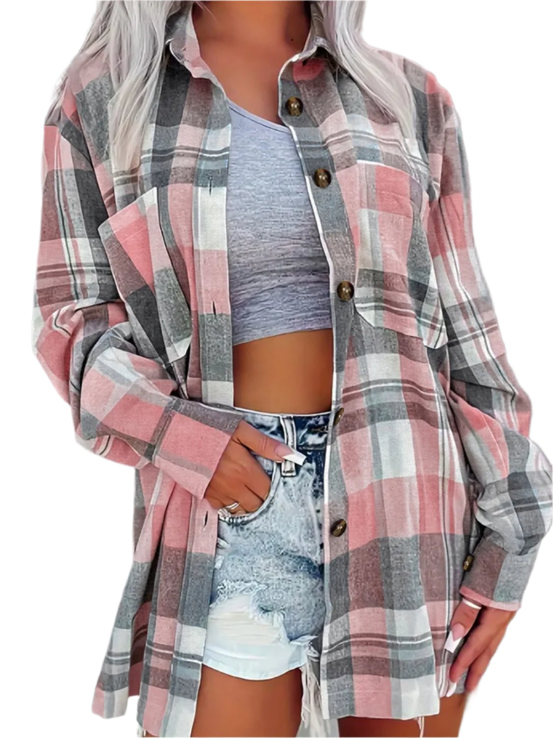 Pocketed Plaid Collared Neck Shacket - T - 1 COLOR -