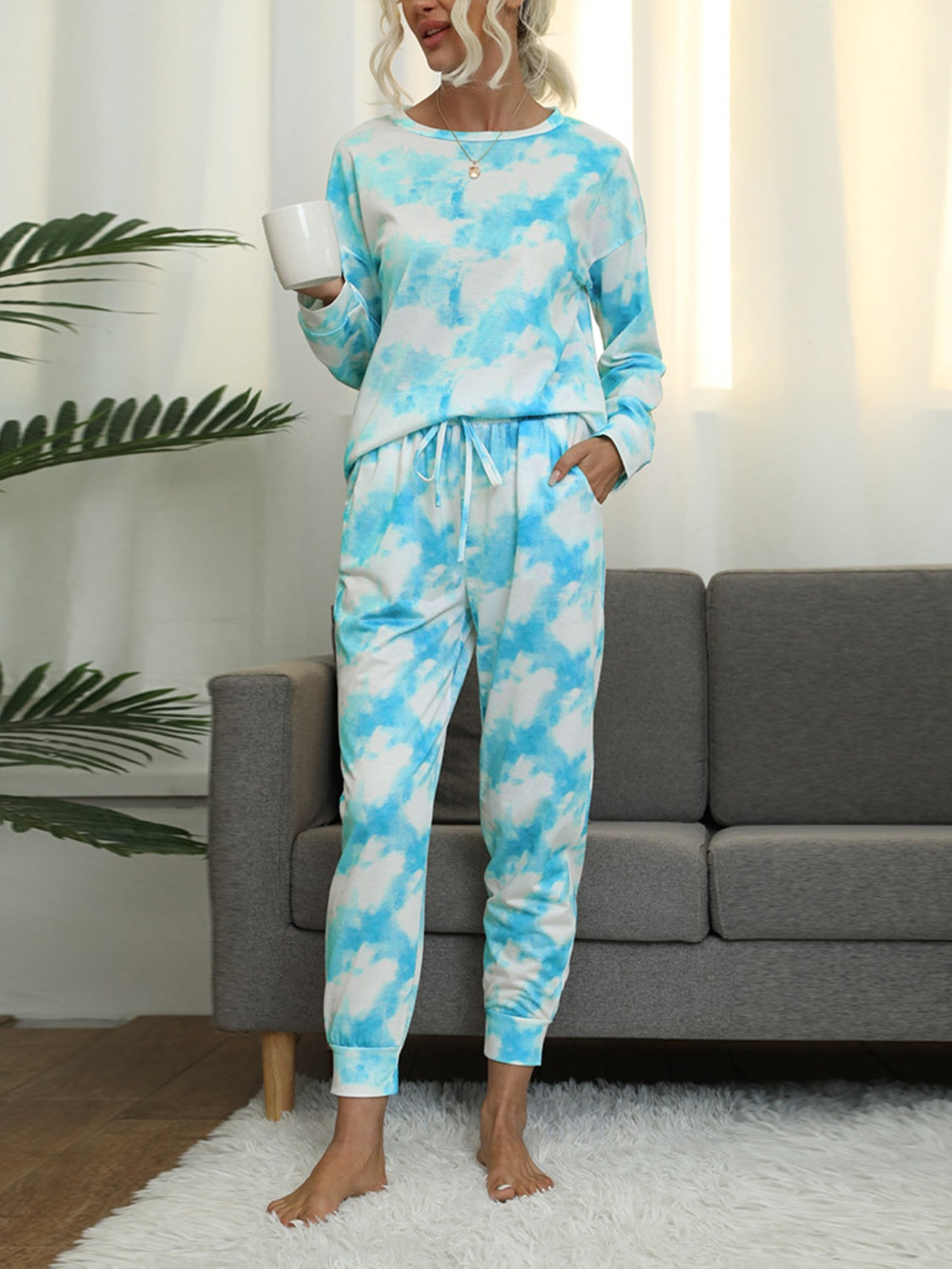 Tie-Dye Round Neck Top and Pants Lounge set - 2 PCS. - T -