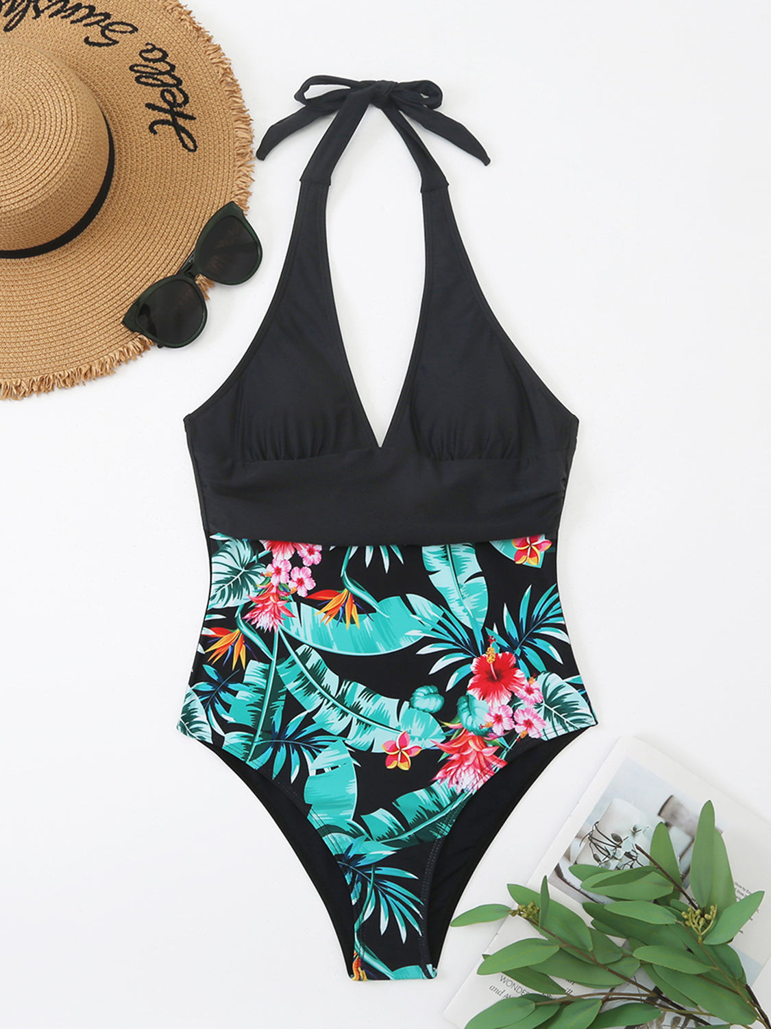 Printed Halter Neck One-Piece Swimwear - T - 1 COLOR -