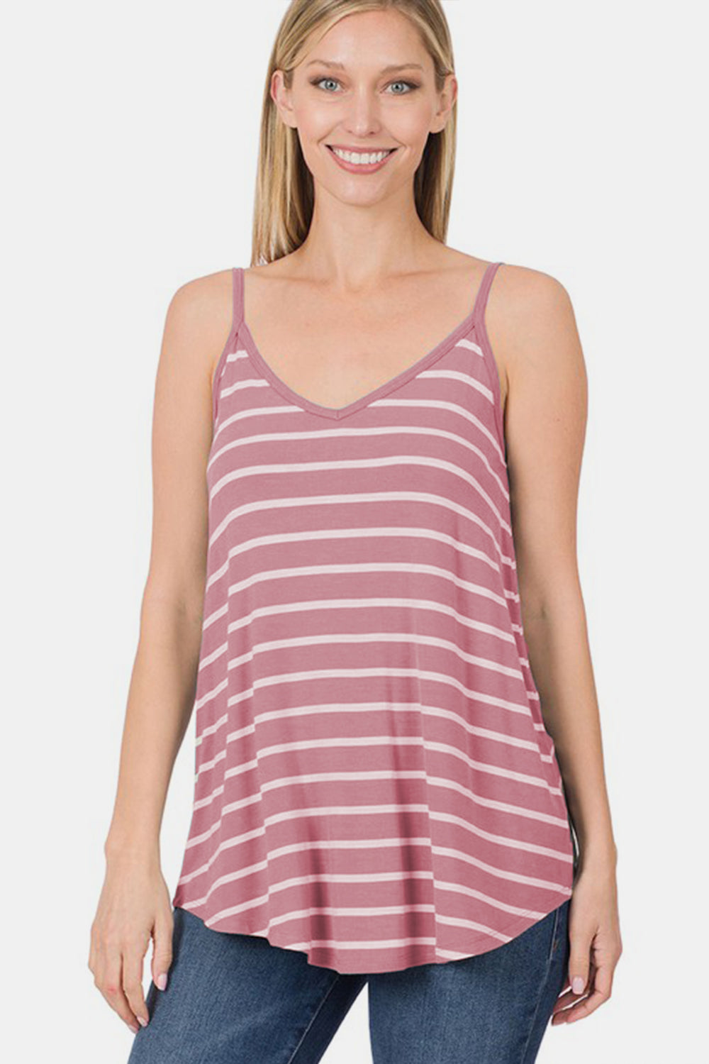 Zenana Striped Curved Hem Cami Tank - T - 1 COLOR -