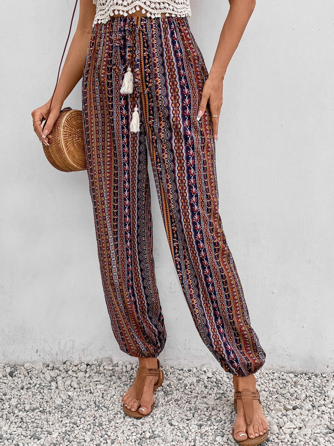 Tassel Printed High Waist Pants - T - 1 COLOR -