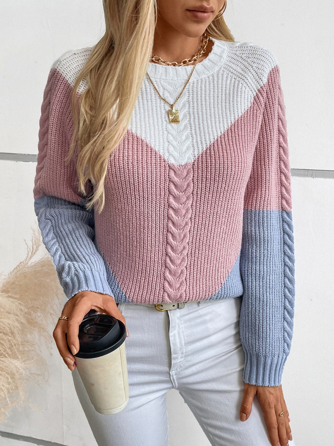 Color Block Round Neck Long Sleeve Sweater - T - 2 COLORS -