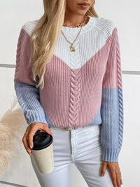 Thumbnail for Color Block Round Neck Long Sleeve Sweater - T - 2 COLORS -