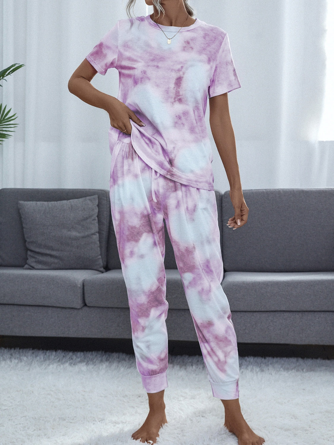 Tie-Dye Round Neck Top and Pants Lounge set - 2 PCS - T - 2 COLORS -