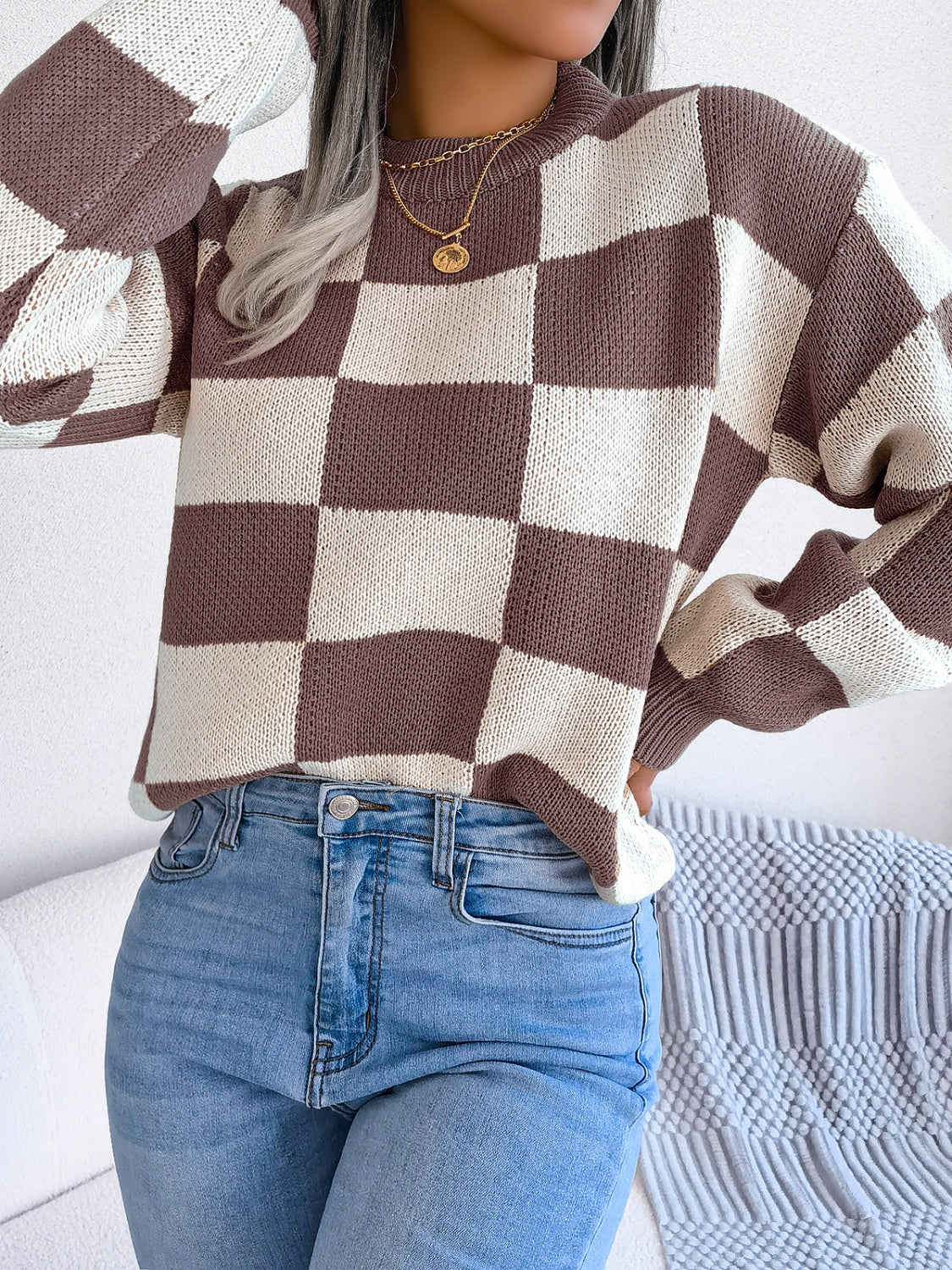 Checkered Mock Neck Long Sleeve Sweater - T - 4 COLORS -