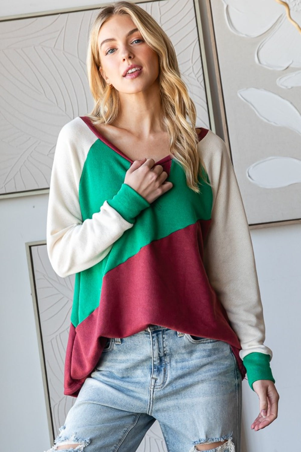 HOPELY Over Size Color Block Long Sleeve T-Shirt - T - 1 COLOR -