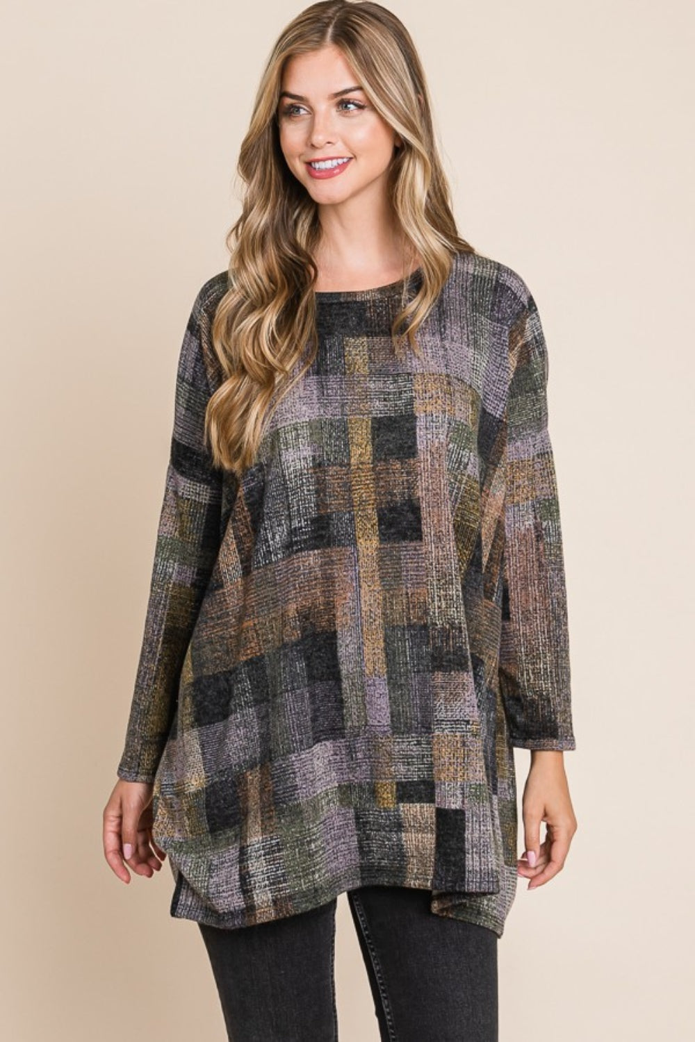 BOMBOM Plaid Round Neck Long Sleeve Top - T - 1 COLOR -