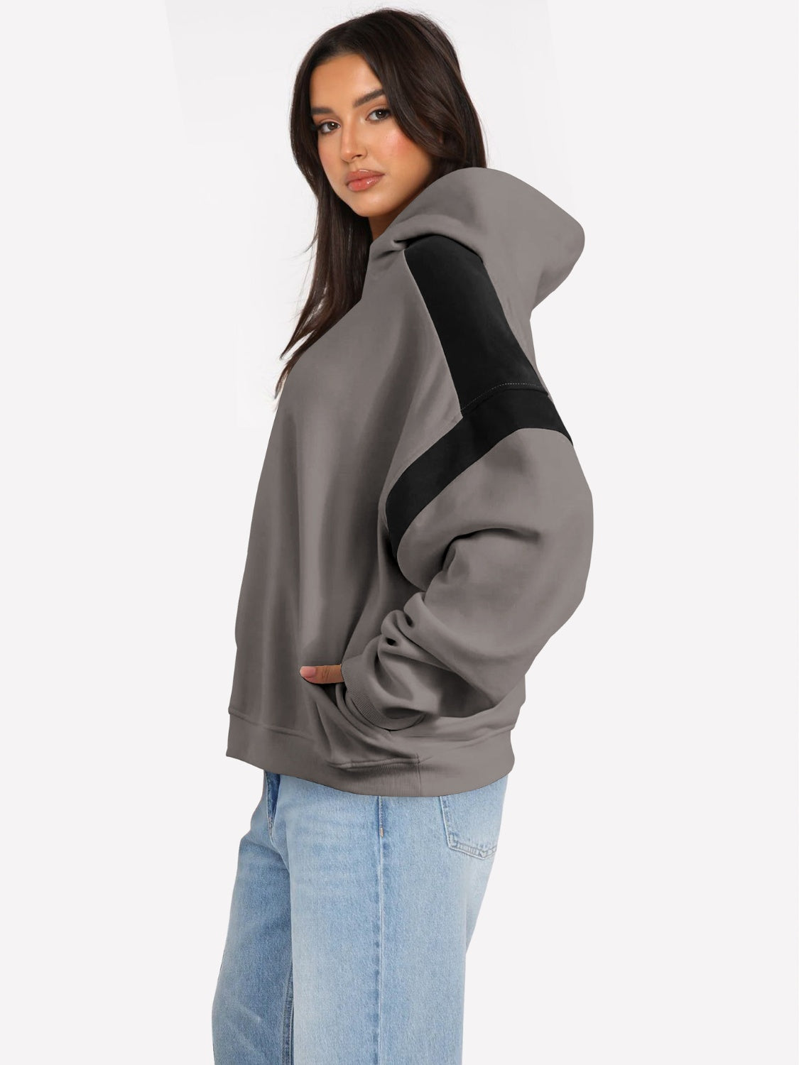 Contrast Dropped Shoulder Long Sleeve Hoodie - T - 6 COLORS -