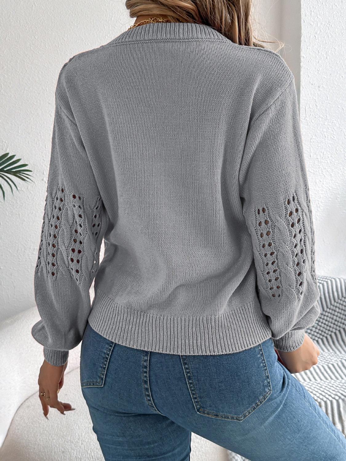 Openwork Round Neck Long Sleeve Sweater - T - 3 COLORS -