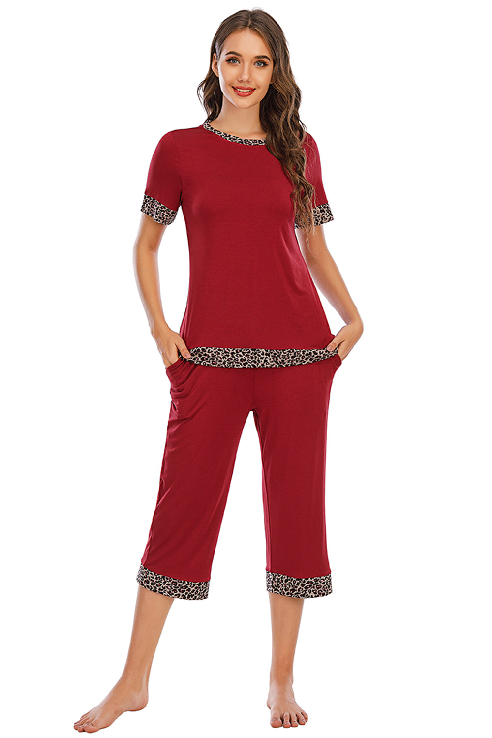 Round Neck Short Sleeve Top and Capris Pants Lounge Set - 2 PCS. - T - 3 COLORS -