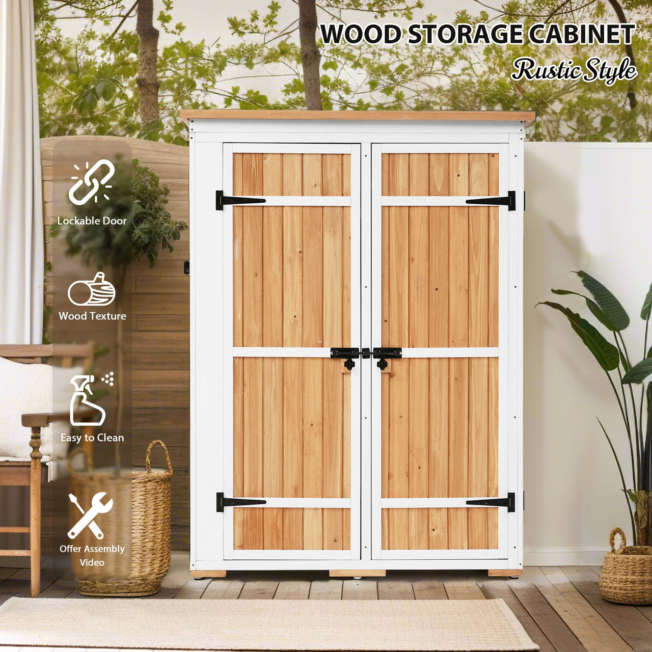 Outdoor 5.5ft Hx4.1ft L Wood Storage Shed, Garden Tool Cabinet With Waterproof Asphalt Roof, Four Lockable Doors, Multip