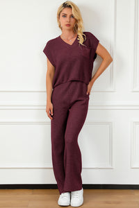 Thumbnail for Pocketed V-Neck Top and Wide Leg Sweater set - 2 PCS. - T - 7 COLORS -