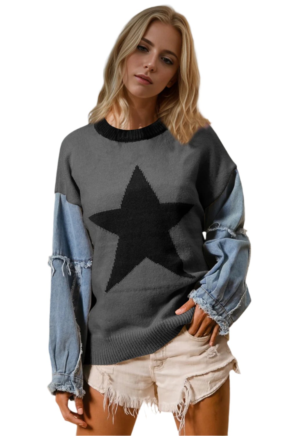 Double Take Star Pattern Raw Edge Long Sleeve Sweater - T - 10 COLORS -