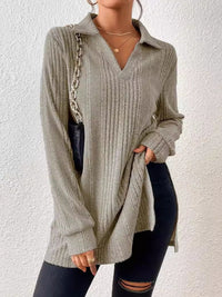 Thumbnail for Slit Johnny Collar Long Sleeve Top - T - 1 COLOR -