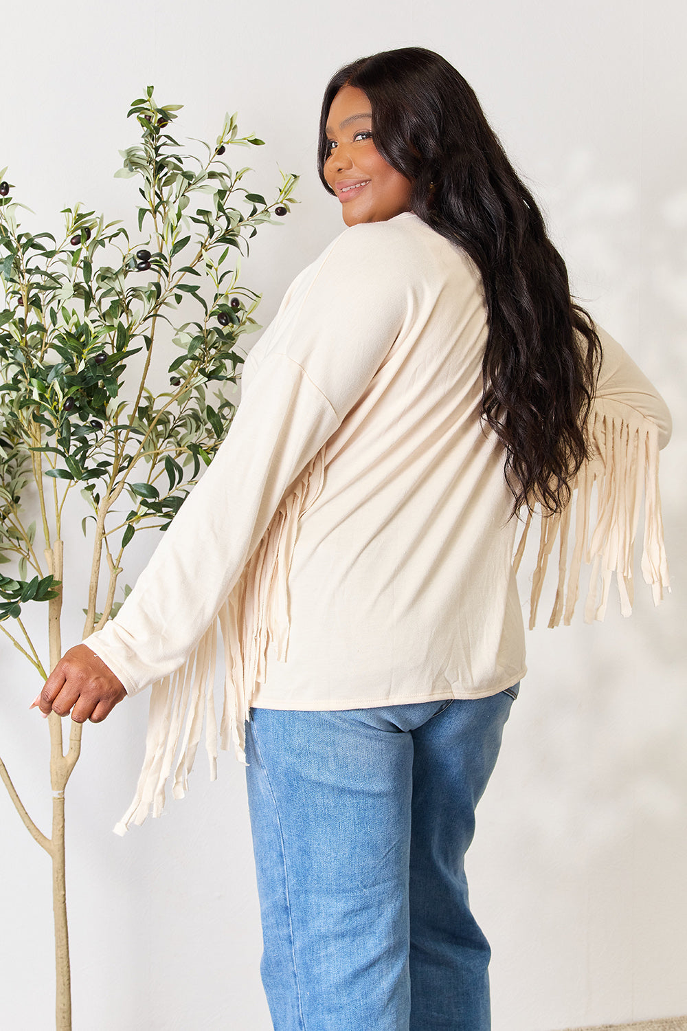 Celeste Full Size Fringe Detail Long Sleeve Blouse - SIZES S THRU 3 XL - T - 1 COLOR -