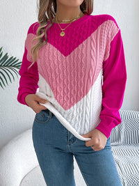 Thumbnail for Contrast Round Neck Long Sleeve Sweater - T - 3 COLORS -