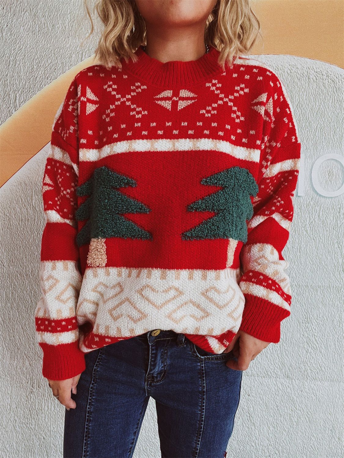 Christmas Tree Mock Neck Long Sleeve Sweater - T - 2 COLORS -