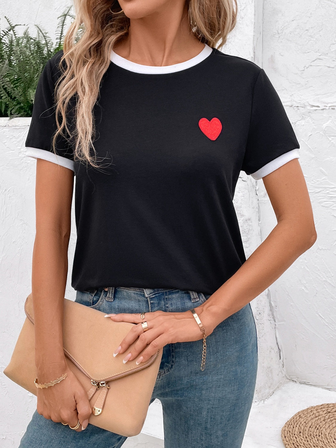 Heart Round Neck Short Sleeve T-Shirt - T - 1 COLOR -