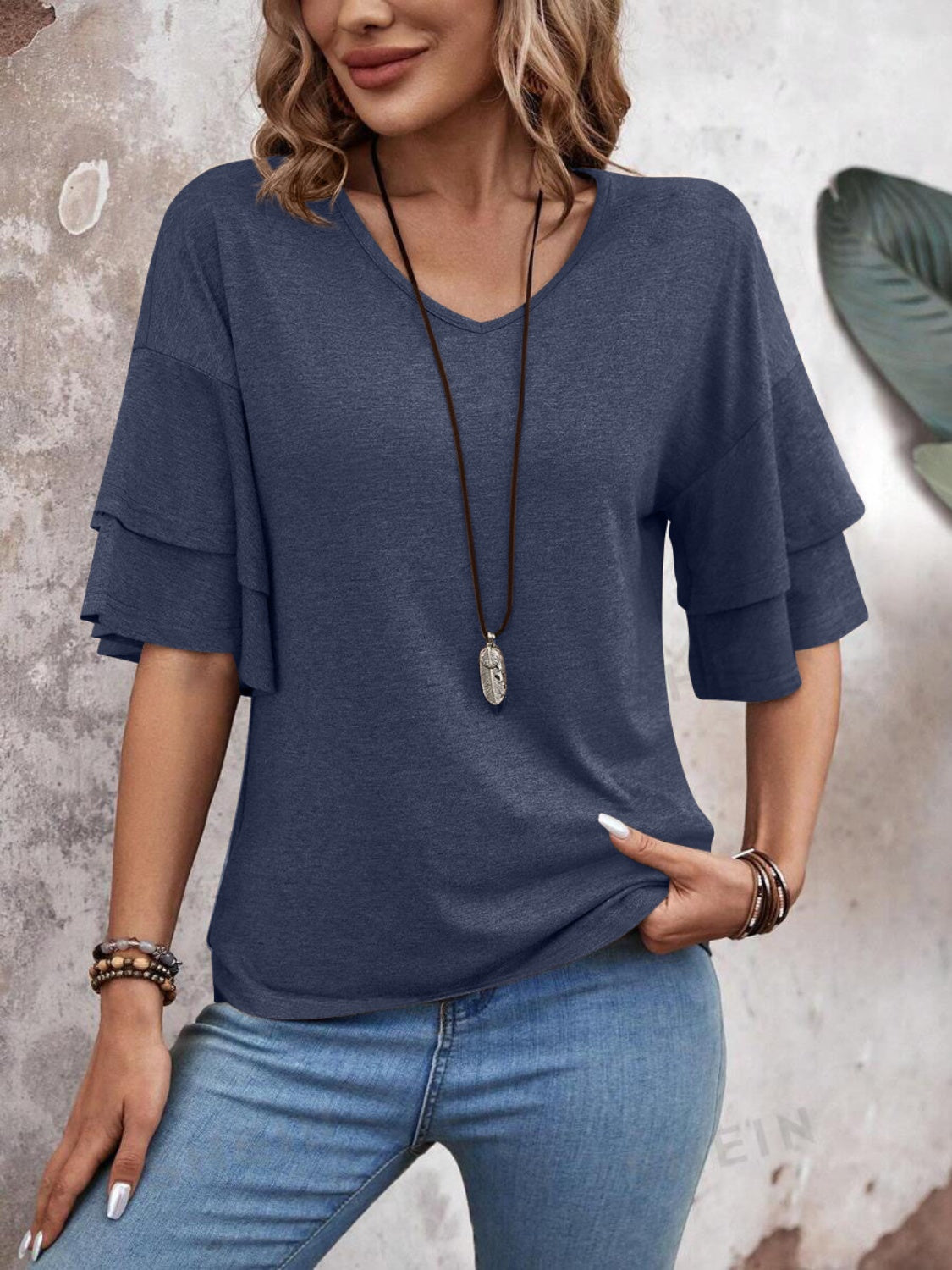 V-Neck Half Sleeve Blouse - T - 5 COLORS -