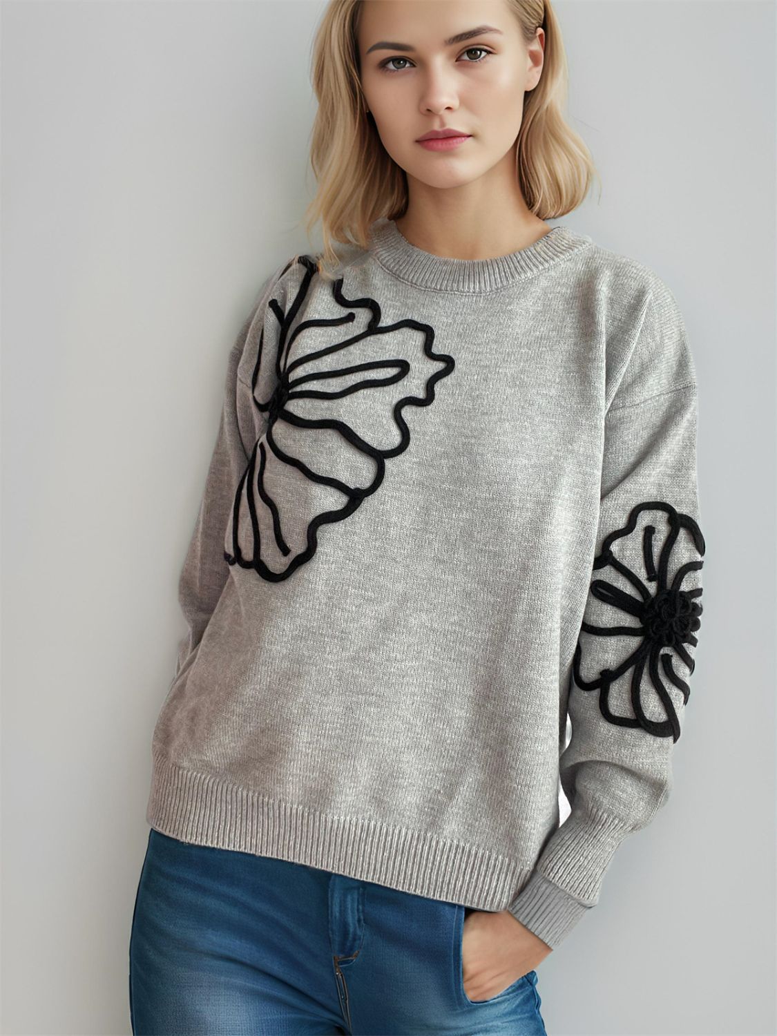 Flower Round Neck Long Sleeve Sweater - T - 4 COLORS -