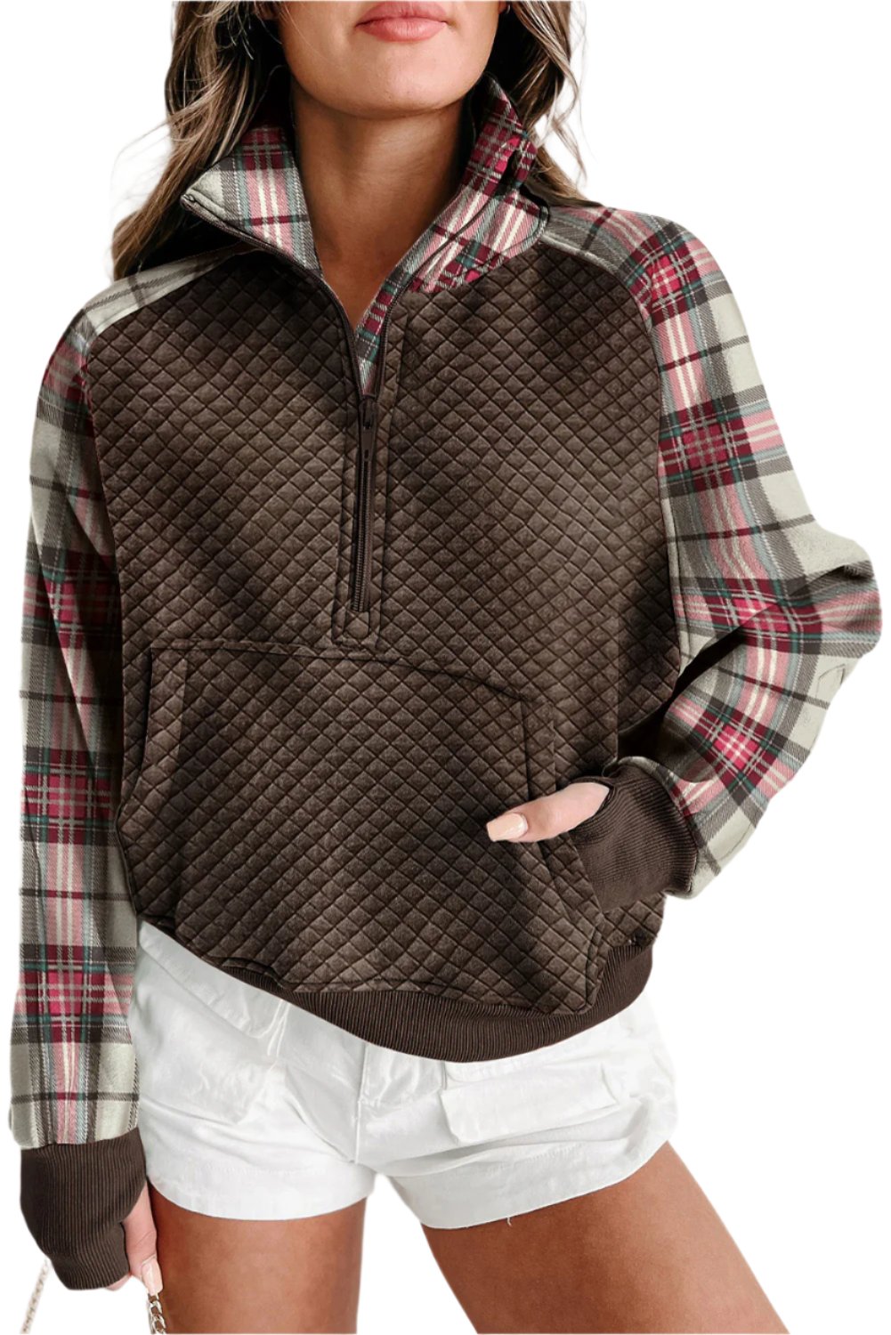 Plaid Half Zip Long Sleeve Sweatshirt - T - 1 COLOR -