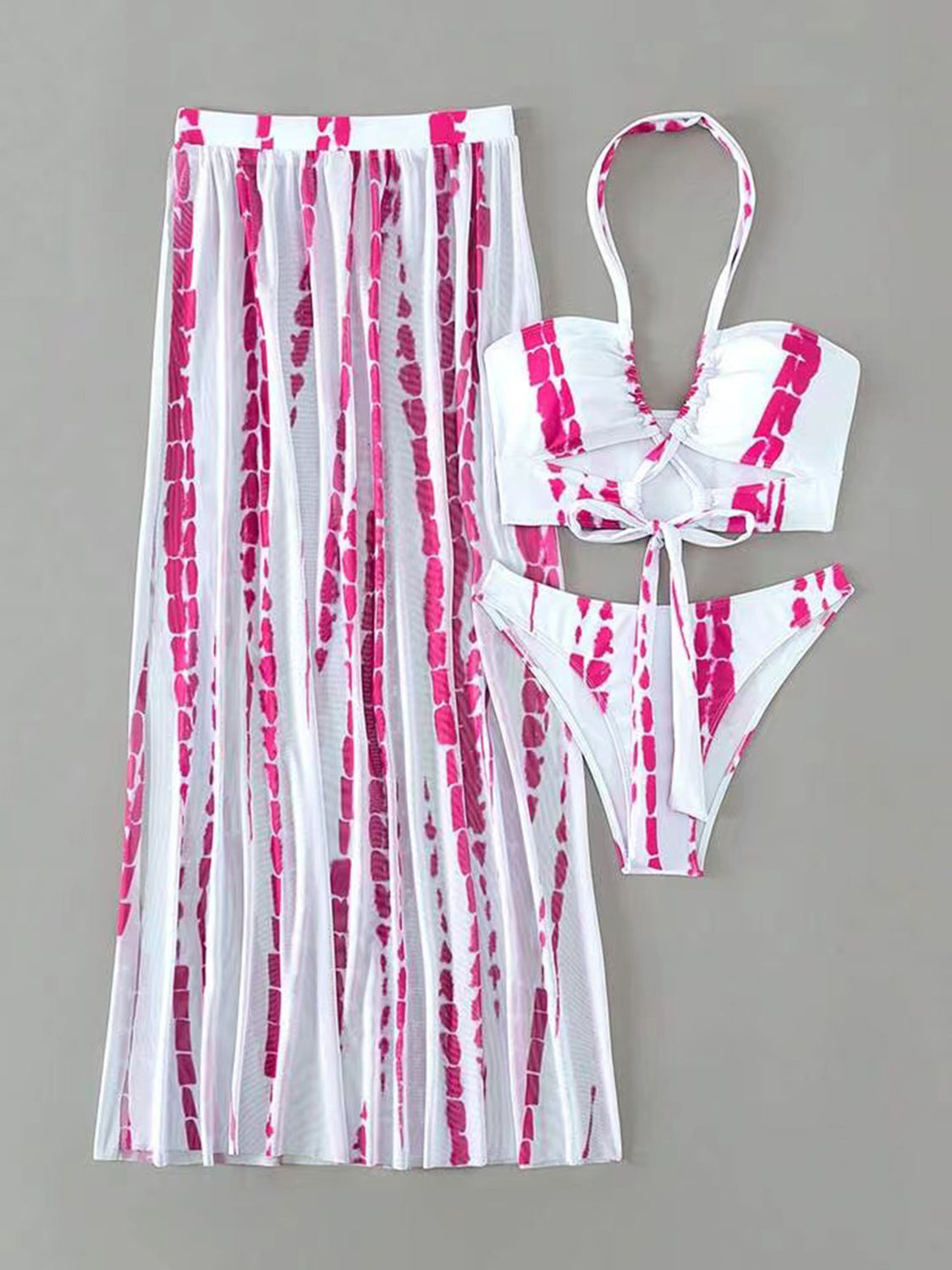 Printed Halter Neck Three-Piece Swim Set - 3 PCS. - T - 6 COLORS -