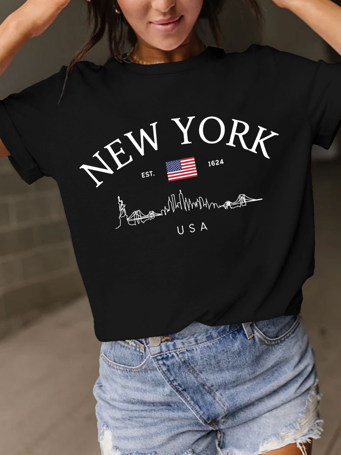 New York Skyline Letter Graphic Round Neck Short Sleeve T-Shirt - 10 COLORS -