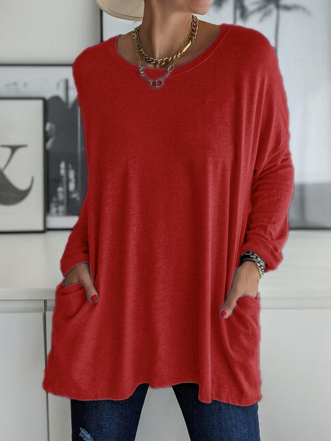 Full Size Round Neck Drapey Long Sleeve T-Shirt - SIZES S THRU 3XL - T - 6 COLORS -