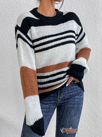 Thumbnail for Contrast Striped Round Neck Long Sleeve Sweater - T - 1 COLOR -