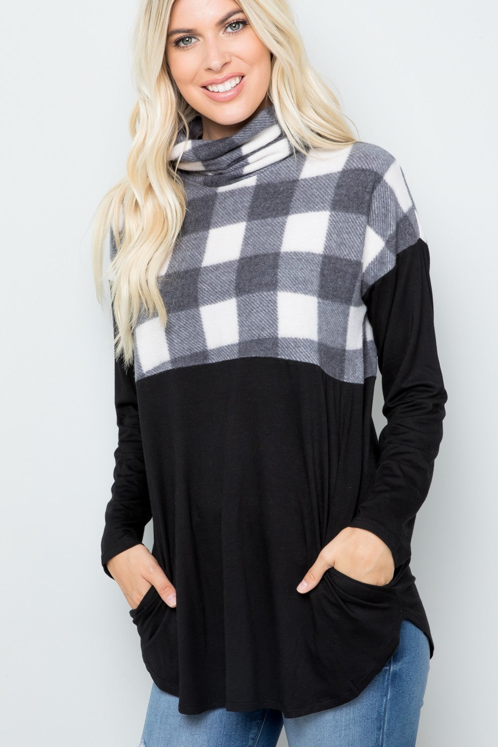 Celeste Pocketed Plaid Turtleneck Long Sleeve Blouse - T - 1 COLOR -