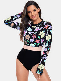 Thumbnail for Flower Round Neck Long Sleeve One-Piece Swimwear - T - 1 COLOR -